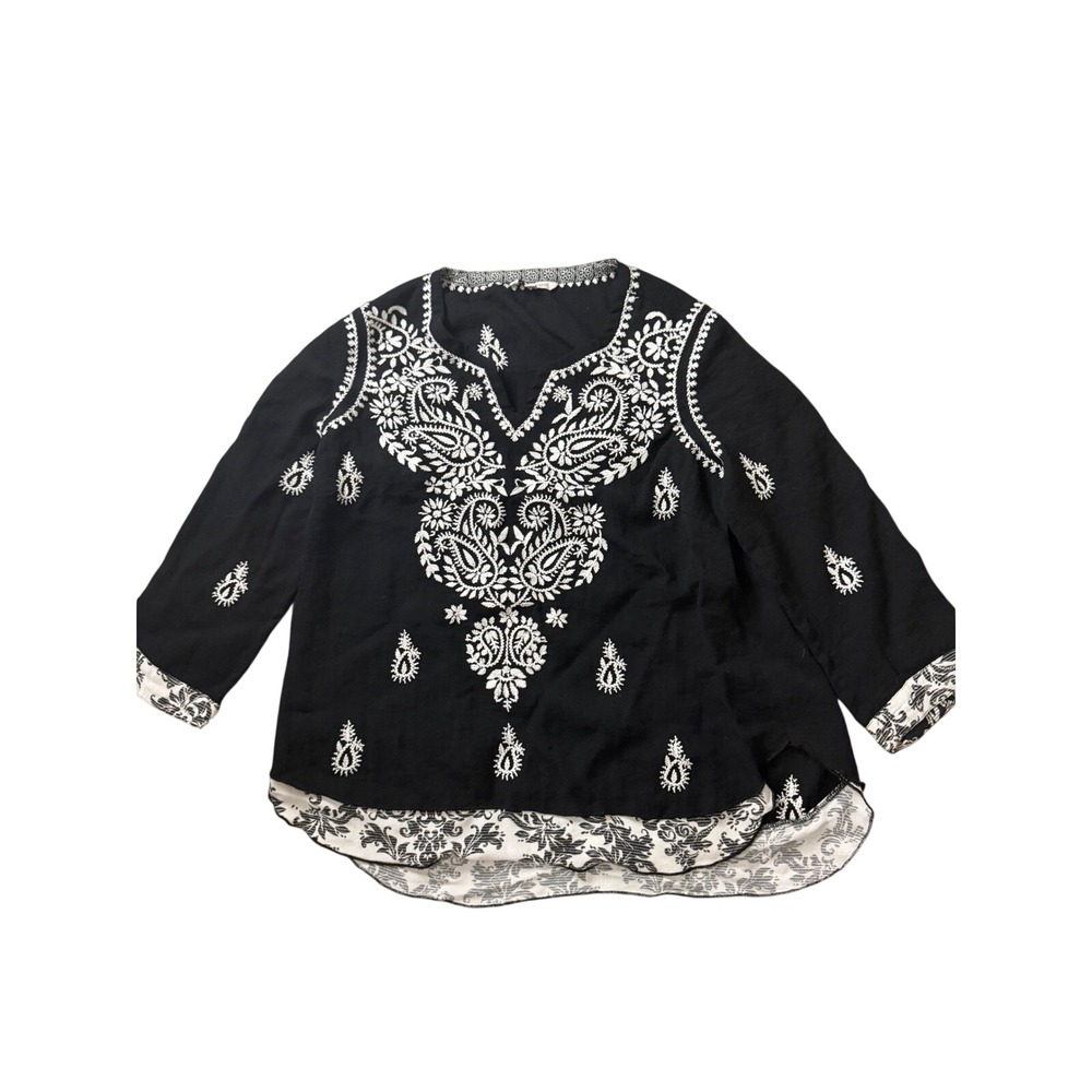 John Mark Black White Embroidered Paisley Tunic Blouse Boho Top Small